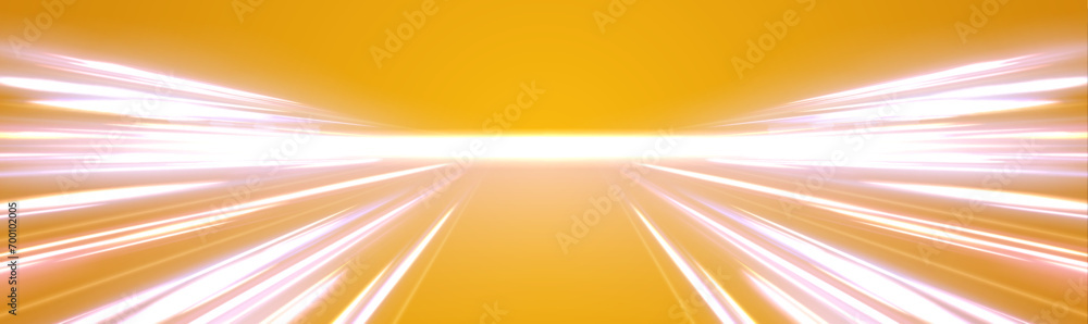 Poster high speed neon light lines in white on a yellow background. incredible speed on the expressway. vec