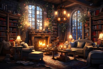 Fototapeta na wymiar Interior of a cozy living room with a fireplace. 3D rendering