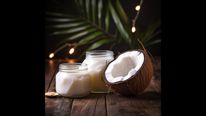 coconut oil, a wooden surface with a few coconut shells or leaves nearby. The lighting should be...