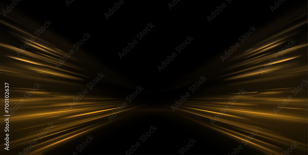 Poster high-speed neon light lines of yellow color on a black background. incredible speed on the expresswa