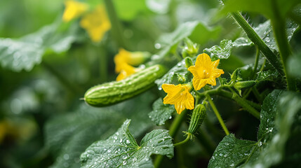 Young plant cucumber with yellow flowers. Juicy fresh cucumber close-up macro on a background of leaves. made with generative ai