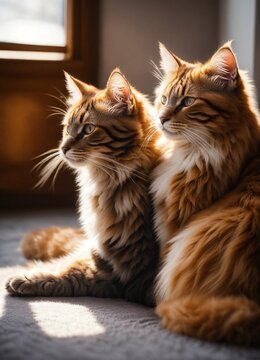 Photo of two fluffy cats, one with ginger fur and the other with gray stripes, warmly hugging each other in a sunlit room.
