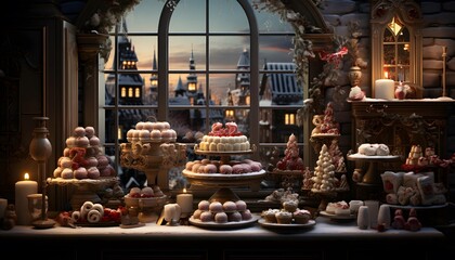 Merry christmas and happy new year. Festive table with sweets