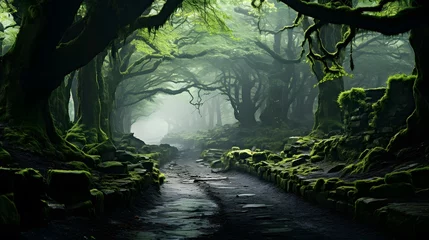 Poster Mysterious dark mysterious forest with a pathway, 3d render © Iman