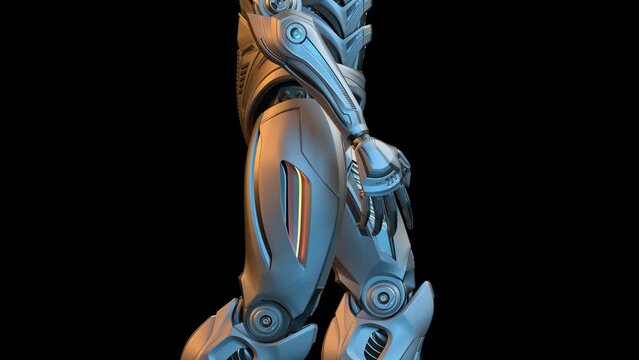 Futuristic robot man walk cycle or humanoid cyborg walking in loop. 3d rendering animation of the full body animated from the bottom to the top. Side view isolated on black background with alpha