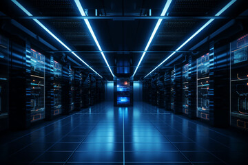 AI generated image of Database center and dark server room with blue lights