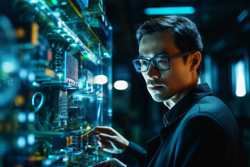 AI generated image of side view of focused ethnic IT engineer with eyeglasses working in data center with computer technologies against blurred background