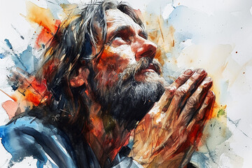 jesus praying, watercolor painting,AI generative - obrazy, fototapety, plakaty