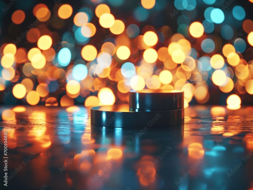 Poster an empty podium with abstract golden bokeh lights in the background, ideal for product display.