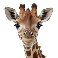 a giraffe looking at the camera - obrazy, fototapety, plakaty