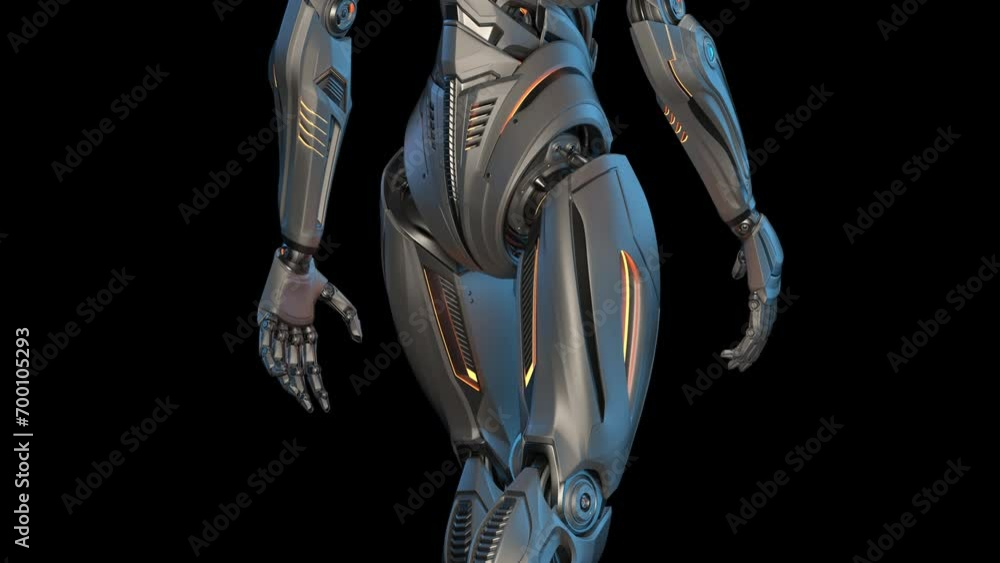 Poster futuristic robot man walk cycle or humanoid cyborg walking in loop. 3d rendering animation of the fu