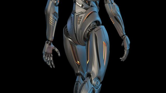 Futuristic robot man walk cycle or humanoid cyborg walking in loop. 3d rendering animation of the full body animated from the bottom to the top. Back side view isolated on black background with alpha