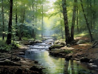 A beautiful shot of a river flowing through a forest with trees in the background