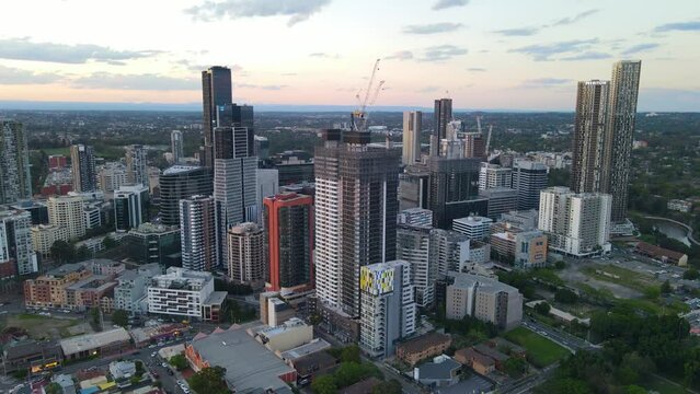 Aerial drone view of Parramatta cbd in Sydney, NSW Australia during a late afternoon sunset in December 2023