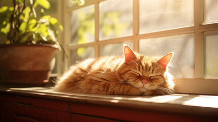 Sunlit room red cat resting