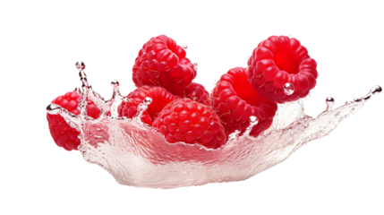 a group of raspberries splashing into clear water