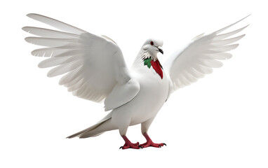 a white pigeon with red and green neck