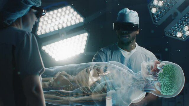 Diverse surgeons in AR headsets work in operating room. African American specialist uses virtual holographic display with 3D animation of human skeleton and organs. Technology of AI-assisted surgery.