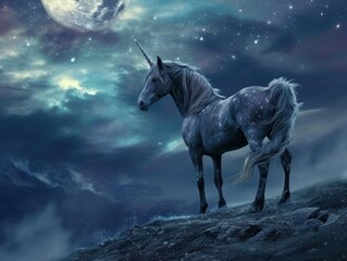 A solitary unicorn stands majestically under a full moon in a mystical nighttime landscape.