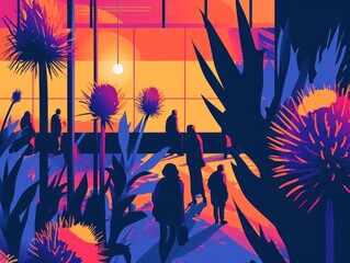 Artistic illustration of a boulevard at sunset, with silhouetted figures walking among exotic plants under a warm, gradient sky. - obrazy, fototapety, plakaty