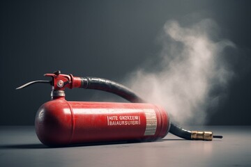 Red fire extinguisher with black hose on transparent background. Firefighter concept. Generative AI