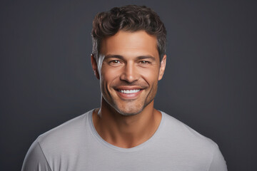 Handsome tanned young man in gray T-shirt smiling and looking at the camera, Closeup