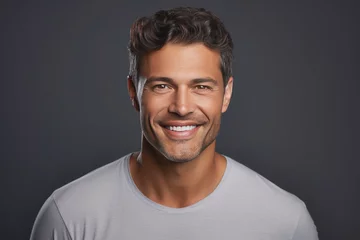Poster Handsome tanned young man in gray T-shirt smiling and looking at the camera, Closeup © Anzhela