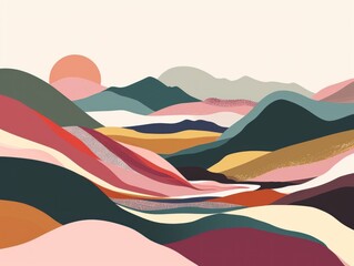 Abstract art featuring vibrant geometric shapes depicting a surreal landscape composition.