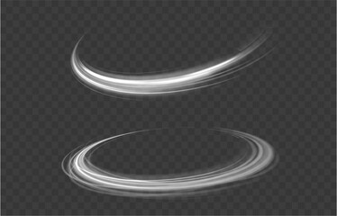 Luminous white lines of speed. Twist white line. Light trail wave, fire path trace line and incandescence curve twirl. Abstract motion lines.	