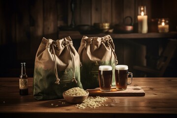 Pair of chilled beers, cask, and hop bag on wooden table. Generative AI