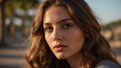Portrait of a beautiful young french woman at sunset in a park