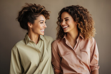 Fototapeta premium Happy laughing couple of lesbian women in casual shirts on beige background