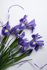 Violet Irises, xiphium with purple ribbon on white background with space for text. Top view, flat lay. Holiday greeting card for Valentine's Day, Woman's Day, Mother's Day, Easter!