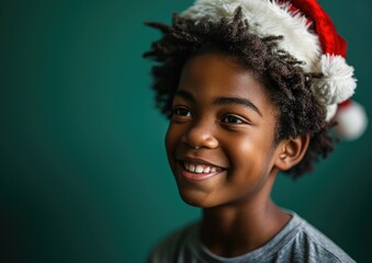 Happy African American kid wearing Santa hat in Christmas background