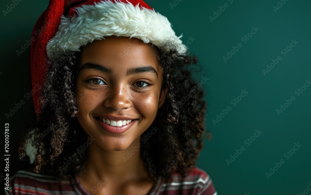 Wall mural happy african american girl wearing santa hat in christmas background