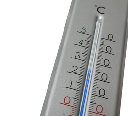 Modern grey weather thermometer on white background, closeup