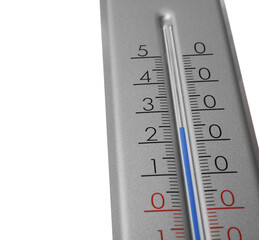 Modern grey weather thermometer on white background, closeup