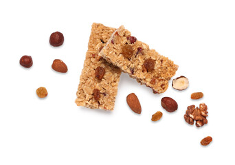 Tasty granola bars and ingredients isolated on white, top view