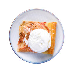 Plate with piece of freshly baked apple pie and ice cream isolated on white, top view