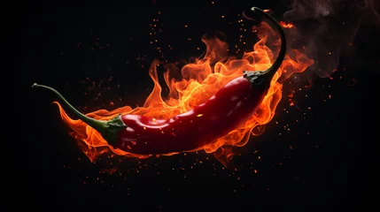 Poster Red hot chili pepper in fire on dark black background © Tariq
