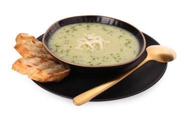 Bowl of delicious leek soup and croutons isolated on white