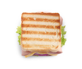 Delicious sandwich with boiled sausage, cheese and onion isolated on white, top view
