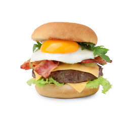 Delicious burger with fried egg isolated on white