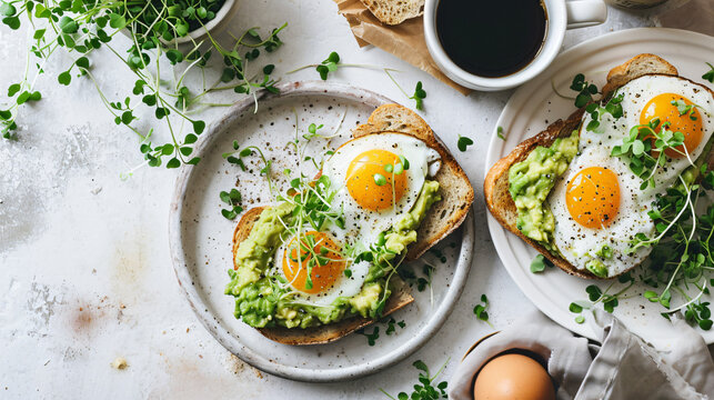 Healthy breakfast with avocado egg sandwiches coffee