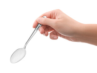 Woman holding new shiny spoon on white background, closeup