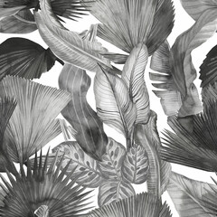 Tropical seamless pattern with large exotic leaves drawn in watercolor. Tropical wallpaper with foliage
