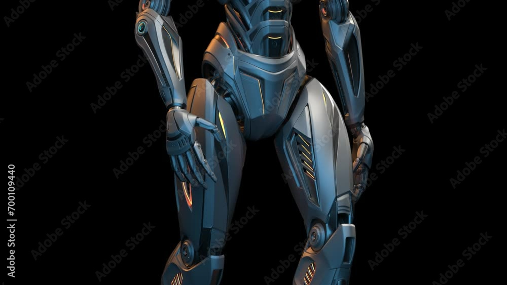 Poster futuristic robot man walk cycle or humanoid cyborg walking in loop. 3d rendering animation of the fu