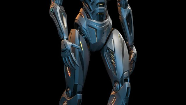 Futuristic robot man walk cycle or humanoid cyborg walking in loop. 3d rendering animation of the full body animated from the bottom to the top. Front side view isolated on black background with alpha