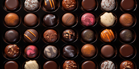 Mixed colorful chocolate bonbons from above in bonbon box pattern