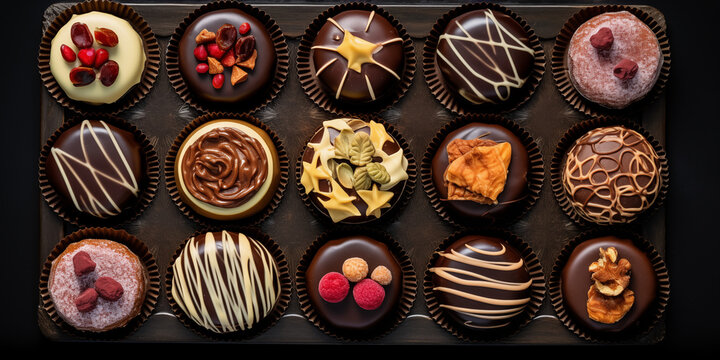 Mixed colorful chocolate bonbons from above in bonbon box pattern